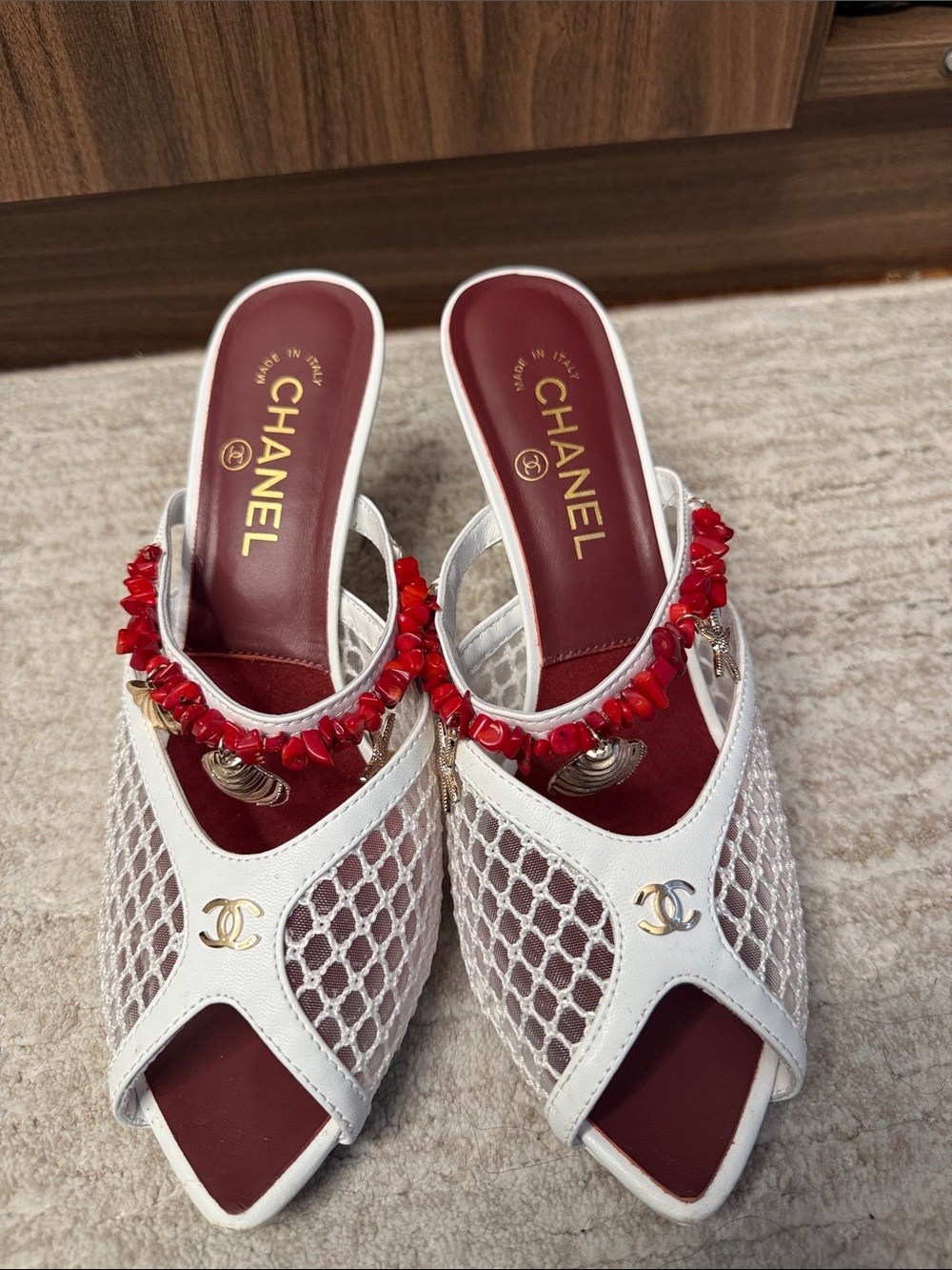 CHANEL White Mesh Mules with Red Insole and Beaded Accent